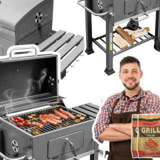 Záhradný gril na drevené uhlie, teplomer, pevný liatinový rošt + 4kg uhlia